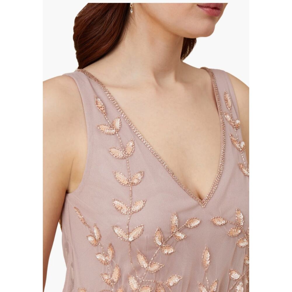 Adrianna Papell Beaded Mesh Blouson Gown Steel Rose‎ Leaf Size 12 NWT - Picture 7 of 8